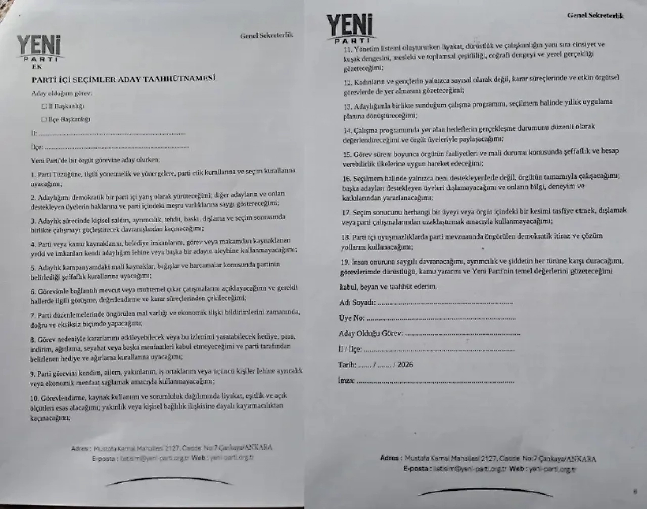 YENİ Parti'de parti içi seçimler için 19 maddelik taahhütname!
