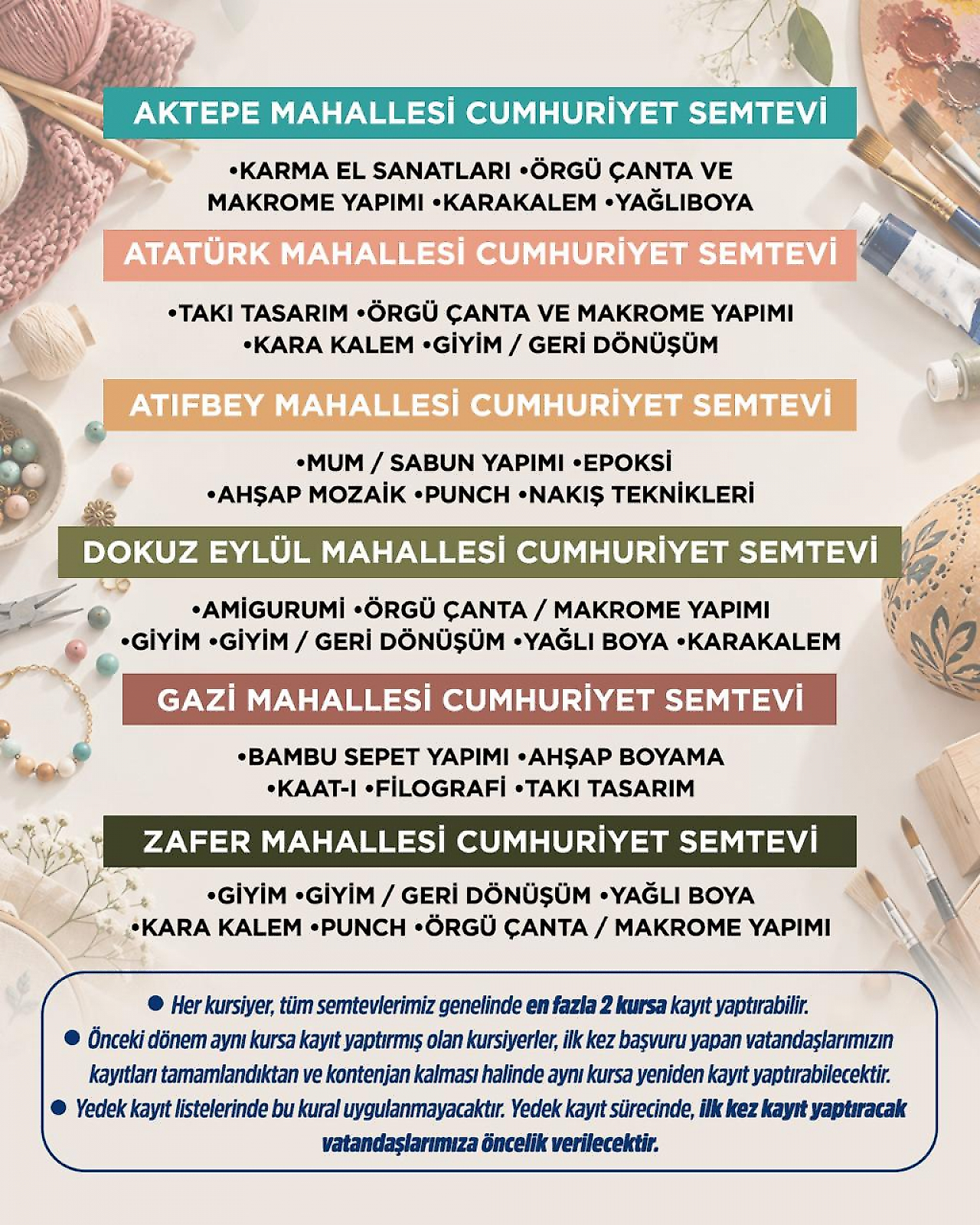 Gaziemir'in Cumhuriyet Semtevleri'nde kış dönemi kurs kayıtları başlıyor