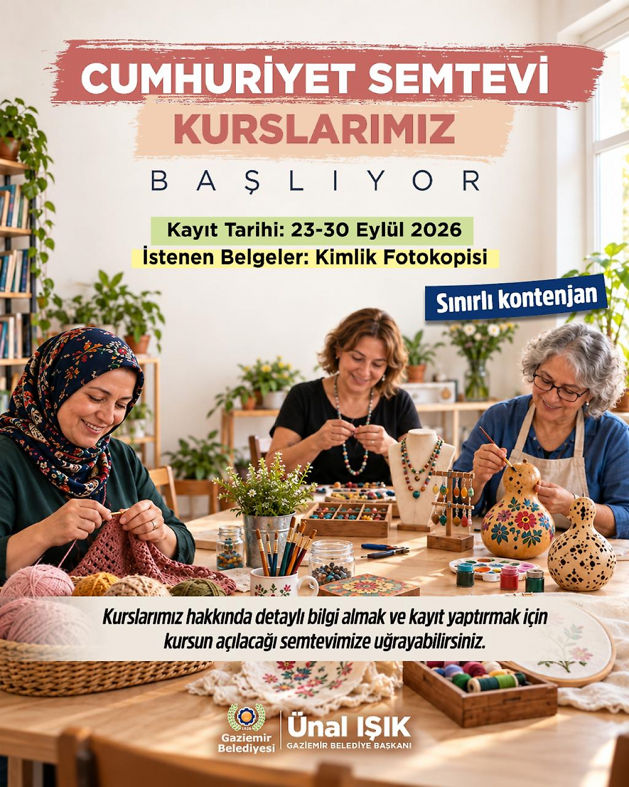 Gaziemir'in Cumhuriyet Semtevleri'nde kış dönemi kurs kayıtları başlıyor